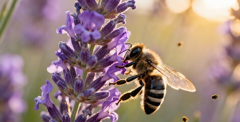 Close-up of Honey Bee Collecting Nectar on Purple Lavender Flower in Warm Sunset Light - Nature and Pollination Scene