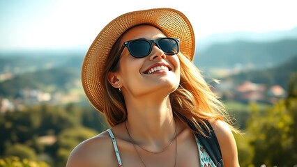 vacationer. A serene traveler enjoys a breathtaking view, embodying peace and relaxation in natural sunlight. tourism brochures, itinerary planners, designed for travel destination branding.