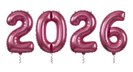 Pink metallic foil balloons forming the year 2026, isolated on a background for new year celebrations.