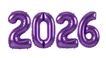 Purple 2026 metallic foil balloons for new year celebration, anniversary, birthday. isolated.