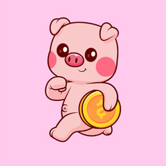 Cute Pig Running With Gold Coin Cartoon