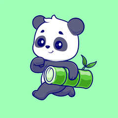 Cute Panda Running With Bamboo Cartoon