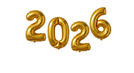 Shimmering golden foil balloon numbers spelling out the festive year 2026, isolated on a clean background.