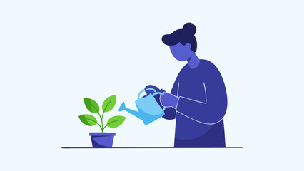 Watering Plant Caring for a Plant in a Pot Vector Illustration