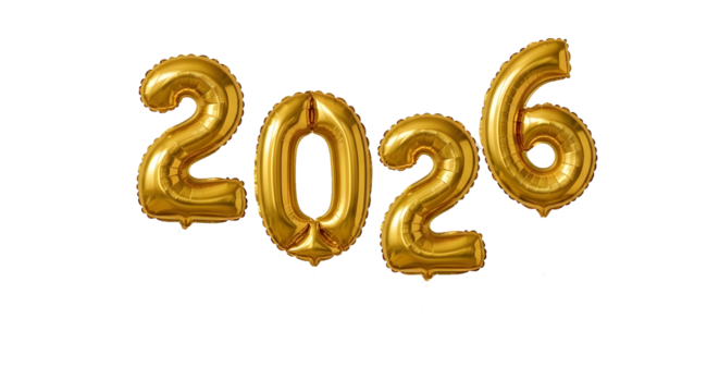 Shimmering golden foil balloon numbers spelling out the festive year 2026, isolated on a clean background.
