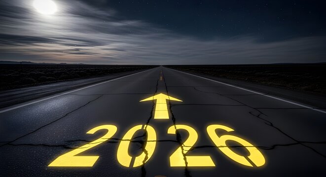 Long road with glowing 2026 and arrow under moonlit night sky, a concept of future journey