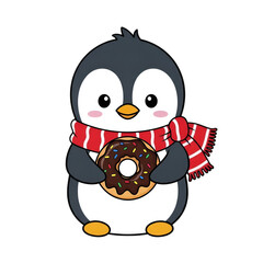 Charming penguin with scarf holding a delicious frosted chocolate donut