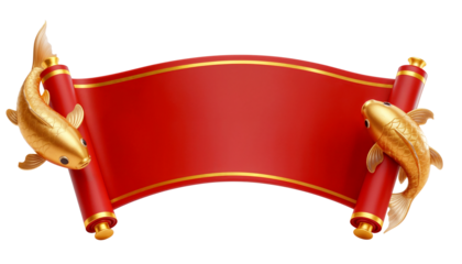 A festive, blank red scroll with golden edges and ornate koi fish, on a white background.
