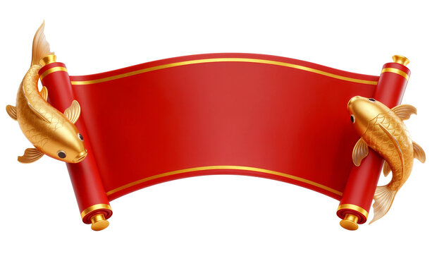 A festive, blank red scroll with golden edges and ornate koi fish, on a white background.