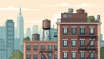 Urban landscape featuring iconic New York buildings and water towers in a vintage style design