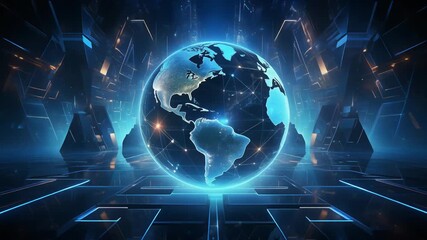 Digital representation of a glowing blue Earth, symbolizing global connection within a futuristic technological network - Powered by Adobe