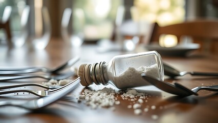 epilogue. An overturned salt shaker on a dining table with scattered utensils in natural window light. menu design, packaging mockups, designed for culinary blogs and recipe cards for restaurants.