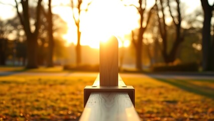 fulcrum. Wooden seesaw in a peaceful park at golden hour, showing perfect equilibrium. event key visuals, club posters, designed for sports event promotions and stadium branding.