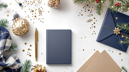 A blue notebook and gold pen with elegant Christmas decorations on a white desk