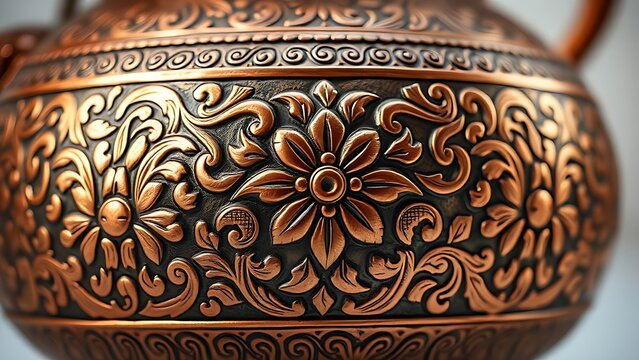 unstylish. Copper vessel with intricate Ottoman floral patterns, detailed metalwork close-up. event programs, museum guides, designed for cultural heritage projects and event programs.