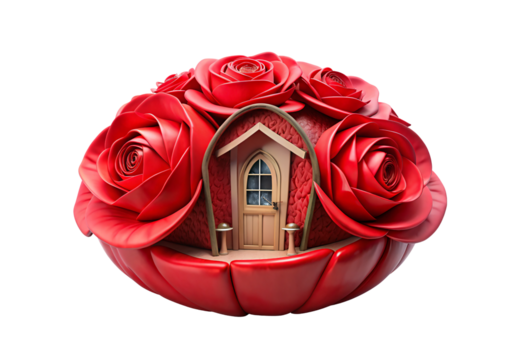 A whimsical cottage house rose petals roof fairy tale architecture, isolated on a transparent background