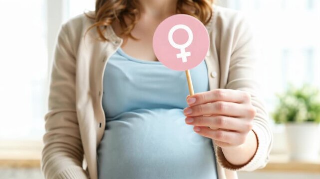 close-up of a pregnant woman holding blue and pink gender signs, finally raising the pink one to reveal that she is expecting a baby girl