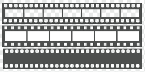 Obraz premium Old grunge movie film long strip set, vintage filmstrip roll frame, vector photo background. Video or movie filmstrip overlay, cinema or photograph camera long film strips collection in flat and line