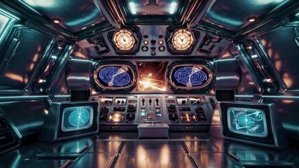 Futuristic spaceship cockpit with neon lights, viewed from a low angle. High-tech control panels suggest a sci-fi video game setting. - Powered by Adobe