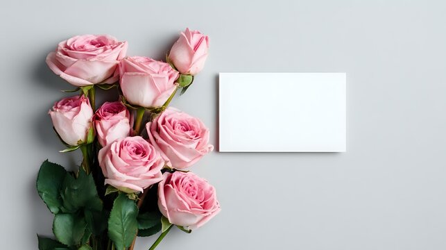 Pink roses and a blank card perfect for Valentines Day Mothers Day or a special occasion on a gray background