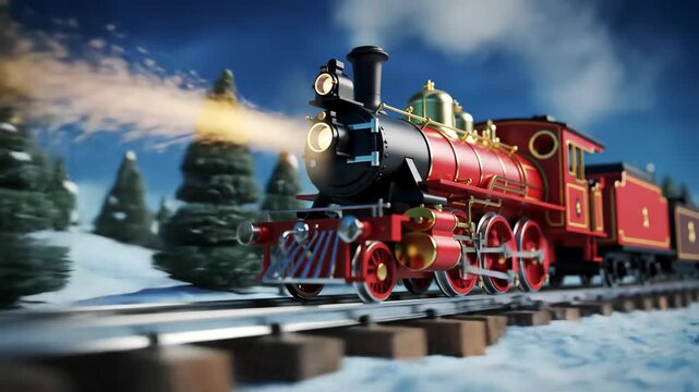 Cinematic 3D Animation of Red Steam Locomotive Moving Fast on Snowy Track