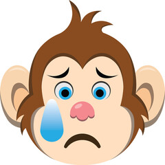 Cartoon Monkey Face With Blue Eyes and Brown Fur Showing Sad Emotion With Water Droplet On Cheek Isolated On Transparent Background