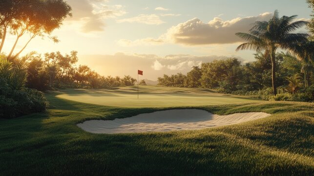 Golf course hole with sand trap and flag at sunrise with tropical trees and misty background