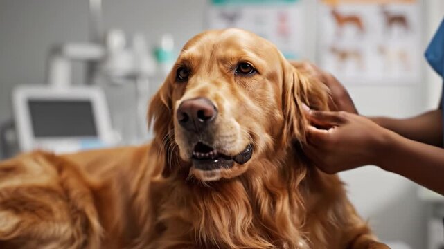 Close up of a golden retriever dog getting an ear examination by a veterinarian in a clinic. The scene represents pet healthcare and veterinary services. Ideal for medical ads. - Powered by Adobe