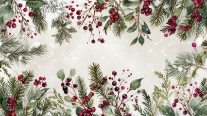 Festive floral border with red berries, evergreen branches, & white snowflakes