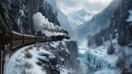 Steam train traveling through a snowy mountain gorge, past frozen waterfalls