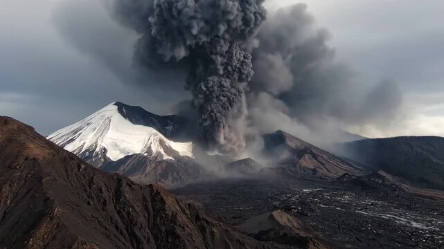 Time lapse sequence of a volcanic ash cloud slowly drifting across a vast, untouched natural landscape, casting shadows. Illustrating the slow, inexorable movement and environmental reach of the?