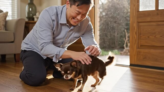 An Asian man pets a small brown dog in a sunny room, releasing a cloud of dander and dust into the air. This scene highlights pet allergies, shedding, and indoor air quality issues.