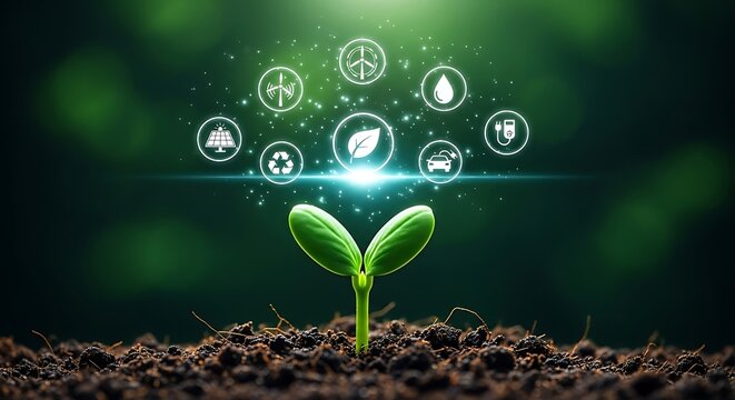 Vibrant seedling with eco-friendly icons symbolizing a sustainable future and environmental awareness for a greener planet and renewable energy sources