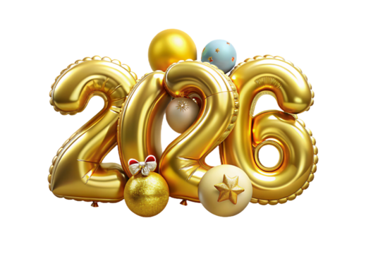Gold 2026 balloon numbers with Christmas ornaments, isolated on a transparent background