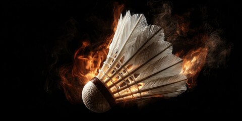 Fiery Shuttlecock - A Badminton Birdie Engulfed in Flames on Black Backdrop.