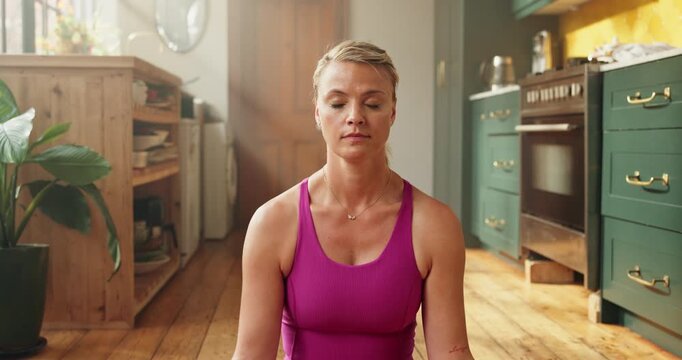 Woman, yoga and meditation exercise in kitchen with mindfulness, spiritual healing and zen. Person, lotus pose and fitness with holistic balance, inner peace and mental health for self care at house - Powered by Adobe