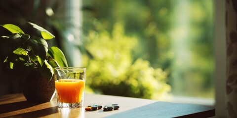 Refreshing Orange Juice by the Window with Greenery and Sunlight.