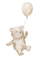 Watercolor illustration of a baby bear with balloon in pastel colors. Drawing of cute animal for nursery poster or baby shower greeting cards or childish Birthday invitations. Art of cub for kids.