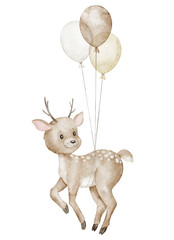 Fawn watercolor illustration with balloons. Drawing of deer in pastel colors for nursery posters or baby shower greeting cards and invitations. Forest animal for childish Birthday postcards.
