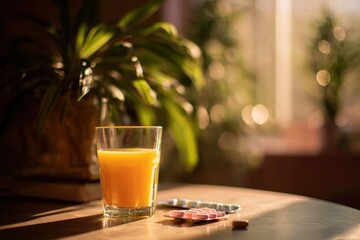Refreshing Orange Juice on a Sunny Table with Plant Backdrop.