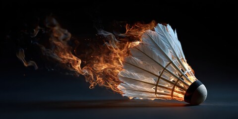 Fiery Flight - A Shuttlecock Engulfed in Flames Against a Dark Backdrop.