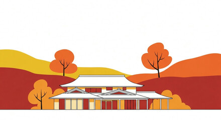 Traditional Japanese house with autumn trees in minimalist landscape