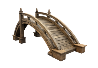 Traditional arched wooden footbridge with ornate posts and natural weathered finish, isolated on a transparent background