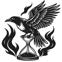 Obraz premium Raven perches on hourglass, wings spread amidst mystical flames