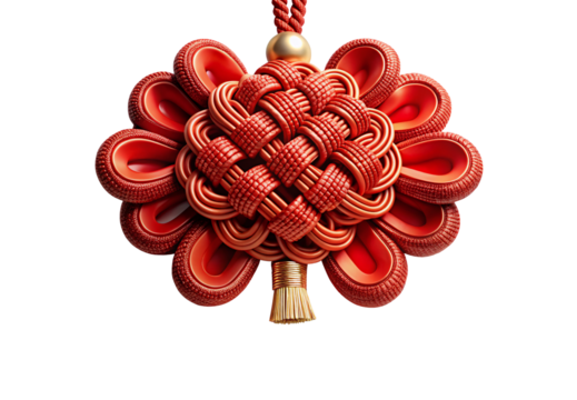 Elaborate red Chinese knot ornament with golden accents and detailed weaving, isolated on a transparent background