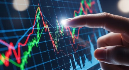Hand interacting a glowing stock market graph on a digital screen, illustrating financial data investment trends