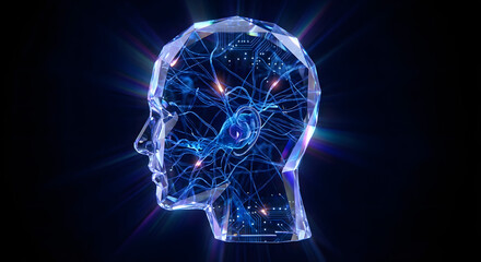 Double Exposure Silhouette of Human Head Made of Transparent Sapphire Crystal with Glowing Blue Neural Networksman head