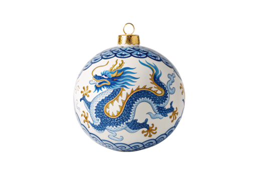 White ornament with blue and gold dragon design, isolated on a transparent background