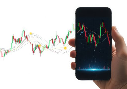 Hand holding smartphone stock market chart financial data growth isolated on white background