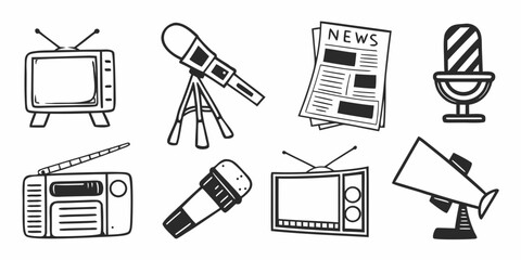 Collection of media and communication icons radio, television, newspaper, microphone, and megaphone